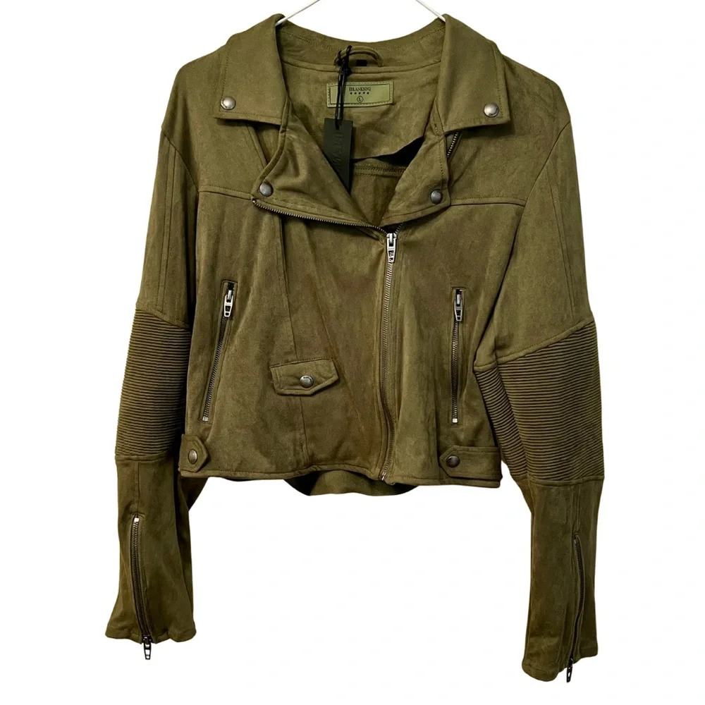 Blank NYC Faux Suede Moto Jacket in Olive Green β’ Size Large β’ NEW WITH TAGS - Picture 2 of 7